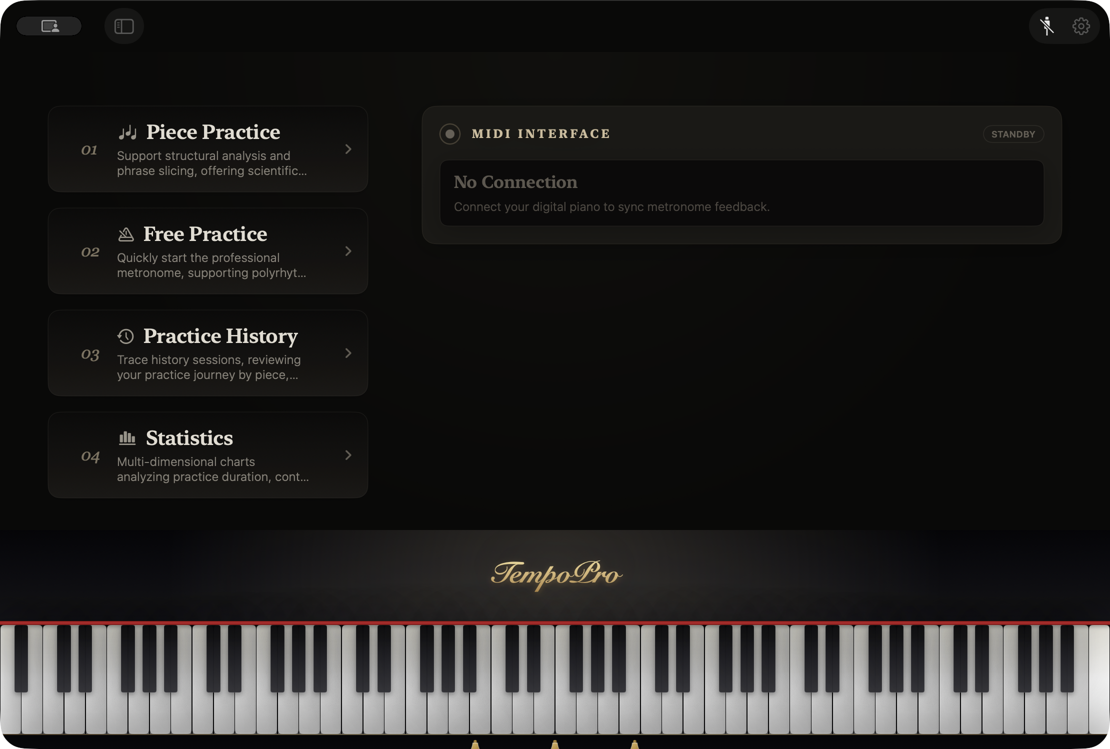 TempoPro piano practice dashboard with pieces and progress