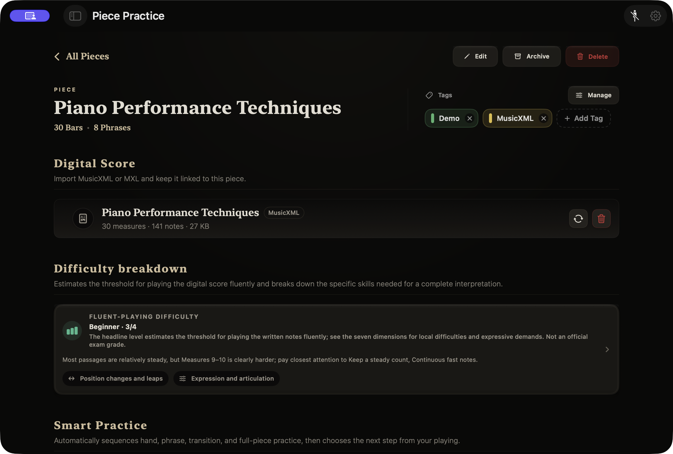 TempoPro MusicXML piece library with score analysis and guided practice