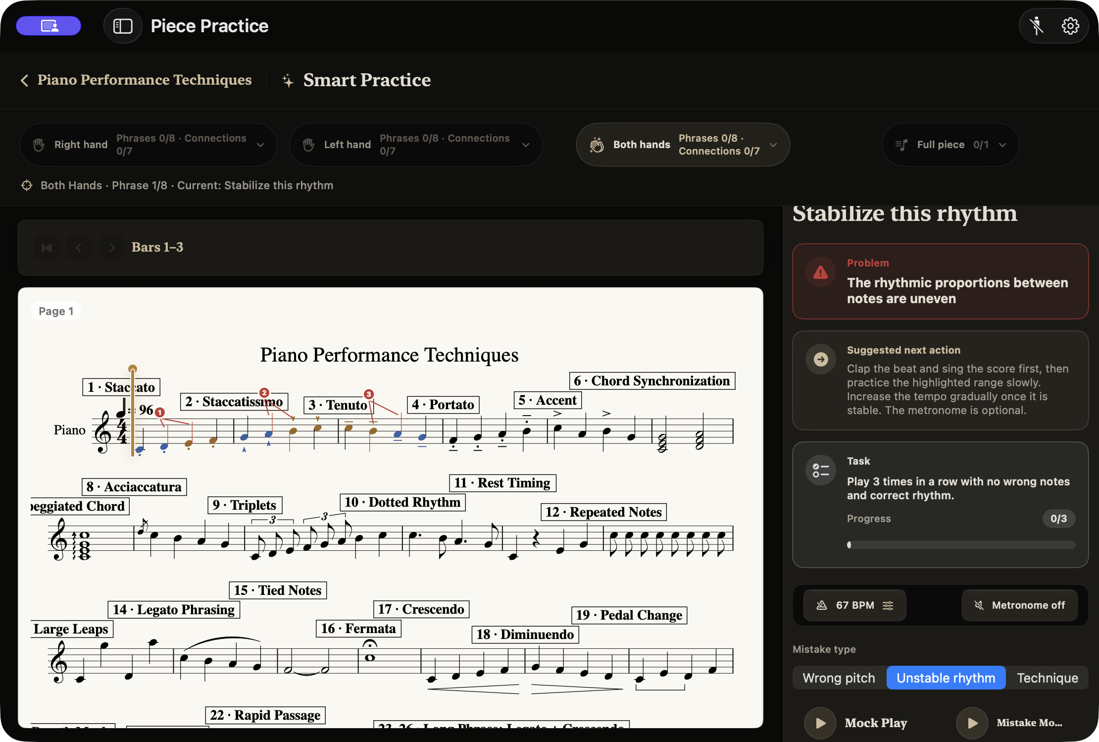 TempoPro Smart Practice path generated from a MusicXML piano score