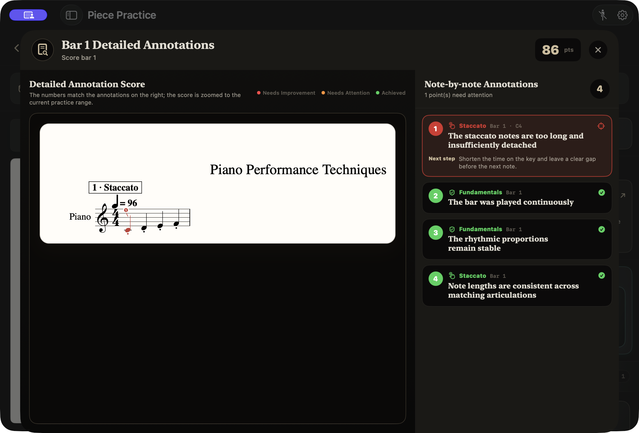 TempoPro MIDI performance score with note-by-note annotations