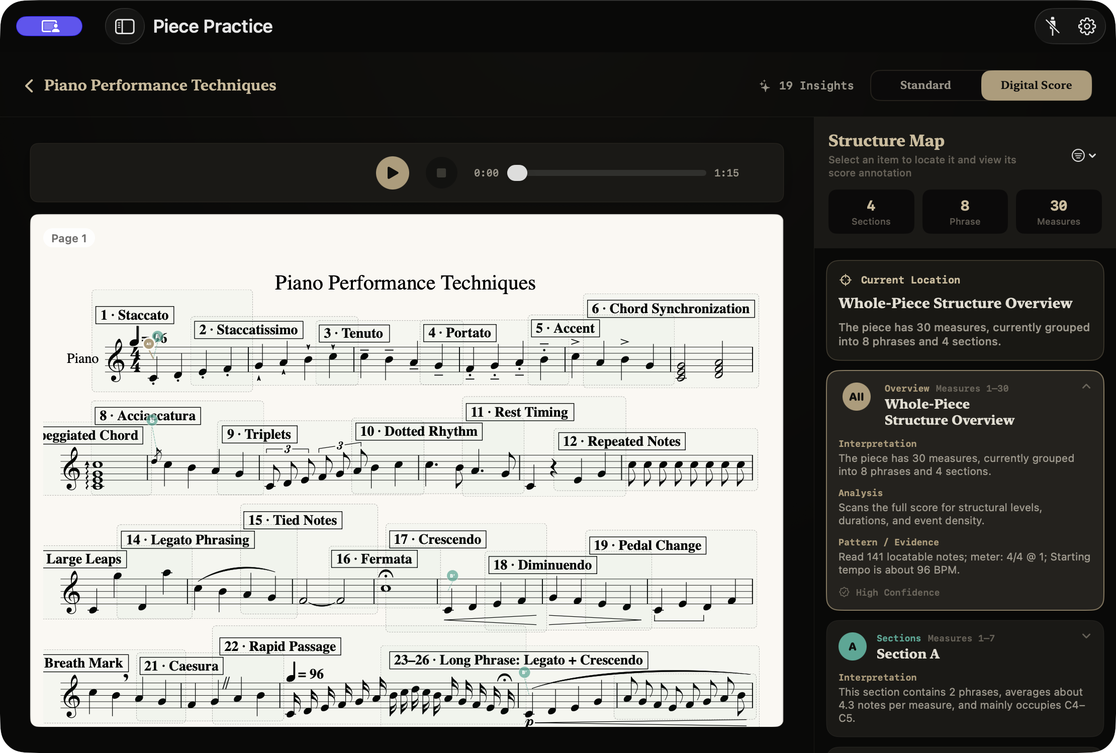 TempoPro MusicXML score structure analysis with phrases and sections