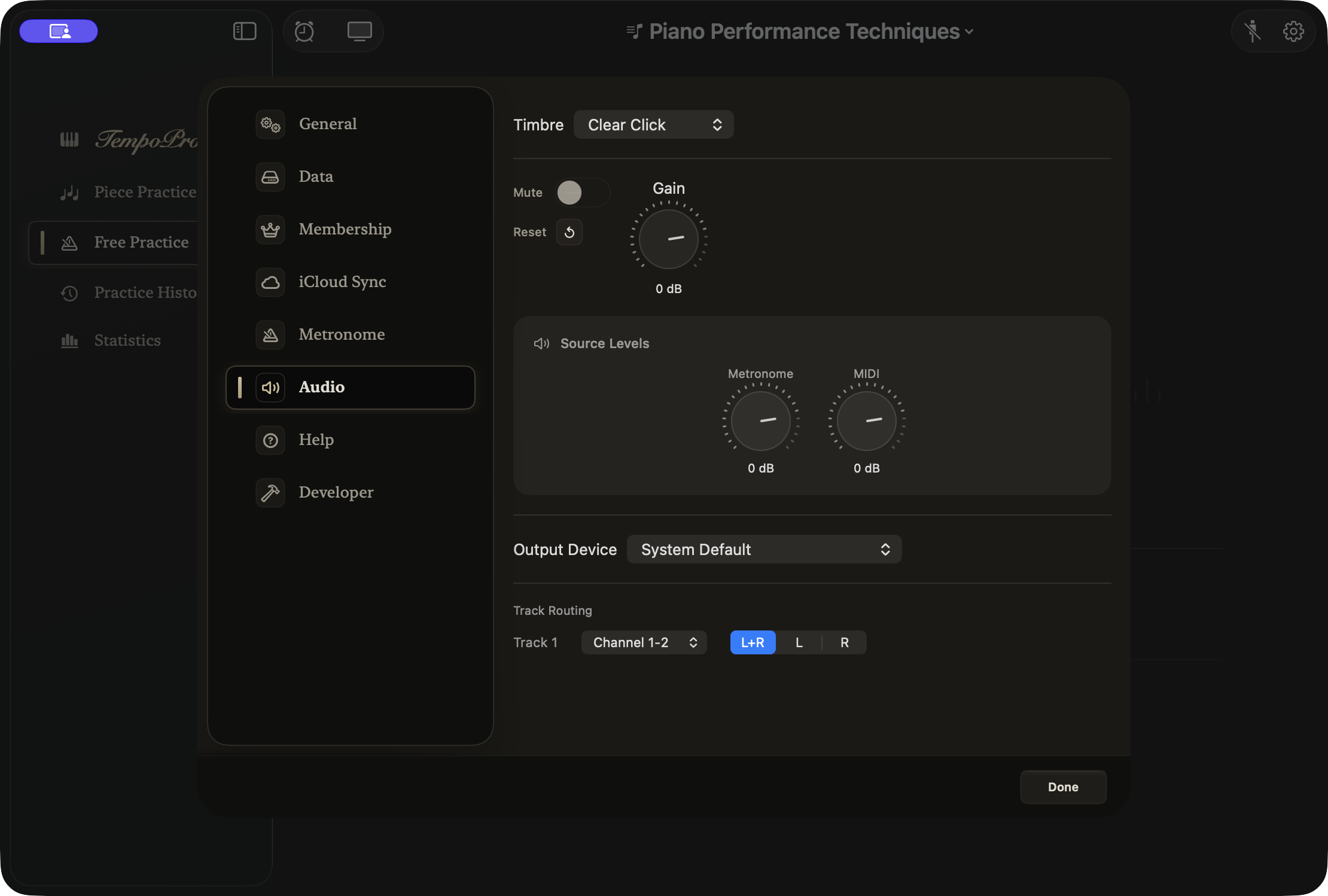 TempoPro Mac audio output and channel settings